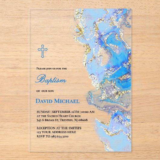 blue fluid marble Baptism acrylic invitation Acryl Uitnodigingen (Voorkant)