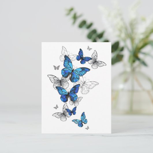 Blue Flying Butterflies Morpho Aankondigingskaart (Staand voorkant)