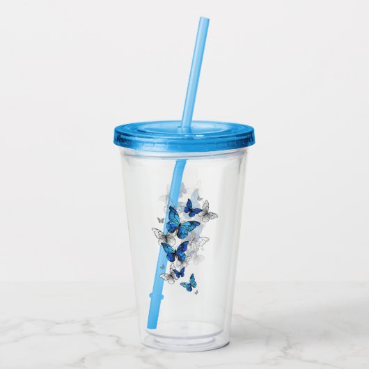 Blue Flying Butterflies Morpho Acryl Drinkbeker (Achterkant)