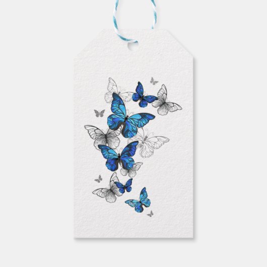 Blue Flying Butterflies Morpho Cadeaulabel (Achterkant)