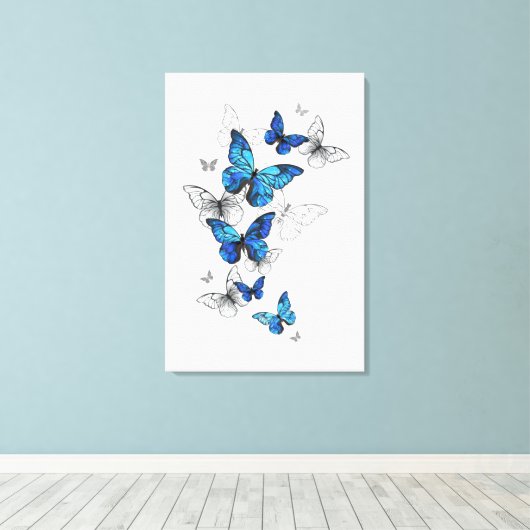 Blue Flying Butterflies Morpho Canvas Afdruk (Insitu (Houten vloer))