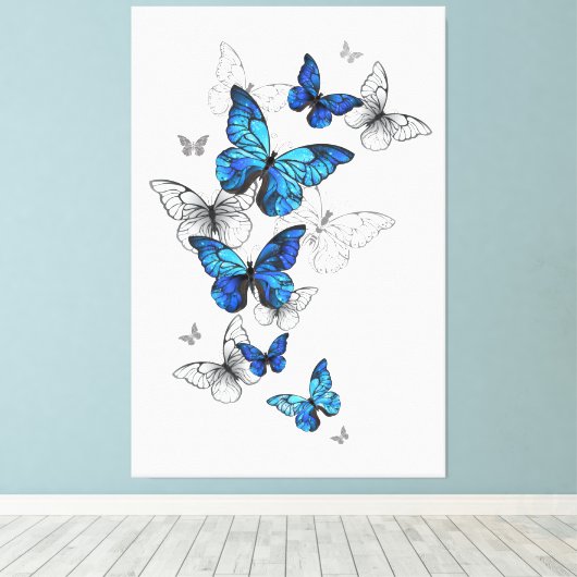 Blue Flying Butterflies Morpho Canvas Afdruk (Insitu (Houten vloer))