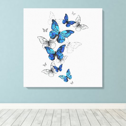 Blue Flying Butterflies Morpho Canvas Afdruk (Insitu (Houten vloer))