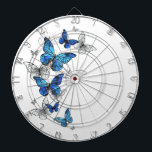 Blue Flying Butterflies Morpho Dartbord<br><div class="desc">Vliegende Blauwe Butterflies morpho en witte vlinders op een lichte abstracte achtergrond. Morpho. Ontwerp met blauwe vlinders morpho.</div>