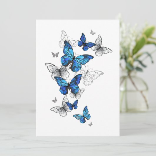 Blue Flying Butterflies Morpho Feestdagenkaart (Staand voorkant)