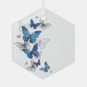 Blue Flying Butterflies Morpho Glas Ornament