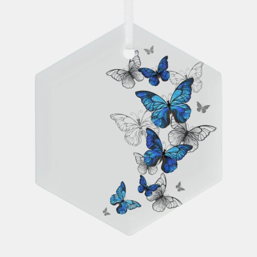 Blue Flying Butterflies Morpho Glas Ornament (Achterkant)
