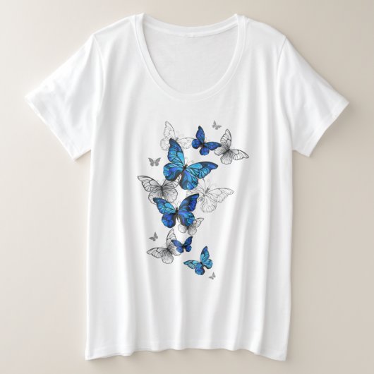 Blue Flying Butterflies Morpho Grote Maat T-shirt (Design voorkant)