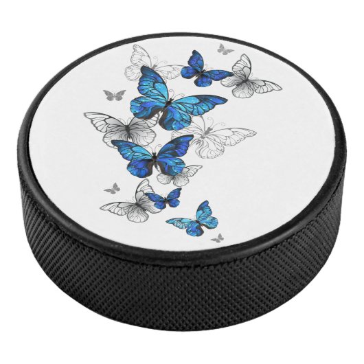 Blue Flying Butterflies Morpho Hockey Puck (3/4)