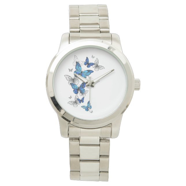 Blue Flying Butterflies Morpho Horloge (Voorkant)