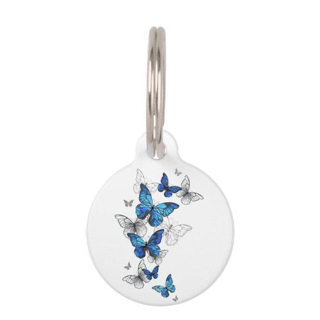 Blue Flying Butterflies Morpho Huisdierpenning (Voorkant)