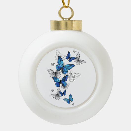 Blue Flying Butterflies Morpho Keramische Bal Ornament (Voorkant)