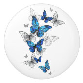 Blue Flying Butterflies Morpho Keramische Knop (Voorkant)