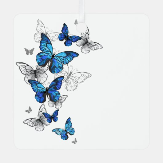 Blue Flying Butterflies Morpho Metalen Ornament (Voorkant)