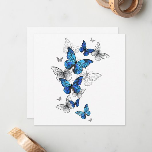 Blue Flying Butterflies Morpho Notitiekaartje (Voorkant / Achterkant in situ)
