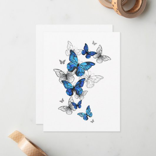 Blue Flying Butterflies Morpho Notitiekaartje (Voorkant / Achterkant in situ)