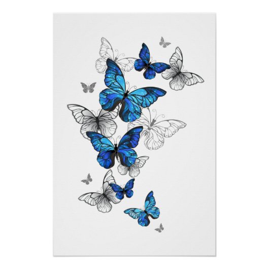 Blue Flying Butterflies Morpho Perfect Poster (Voorkant)