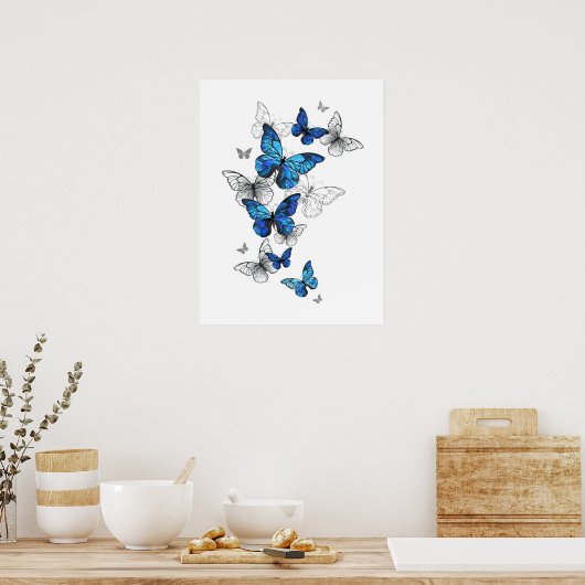 Blue Flying Butterflies Morpho Poster (Keuken)