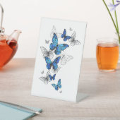 Blue Flying Butterflies Morpho Reclamebord Met Voetstuk (Insitu)