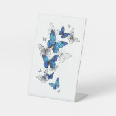 Blue Flying Butterflies Morpho Reclamebord Met Voetstuk (Voorkant)