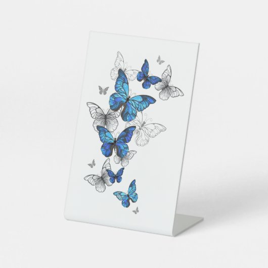 Blue Flying Butterflies Morpho Reclamebord Met Voetstuk (Voorkant)