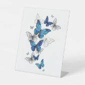 Blue Flying Butterflies Morpho Reclamebord Met Voetstuk (Voorkant)