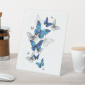 Blue Flying Butterflies Morpho Reclamebord Met Voetstuk (Insitu)