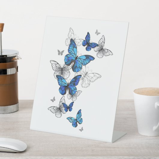 Blue Flying Butterflies Morpho Reclamebord Met Voetstuk (Insitu)