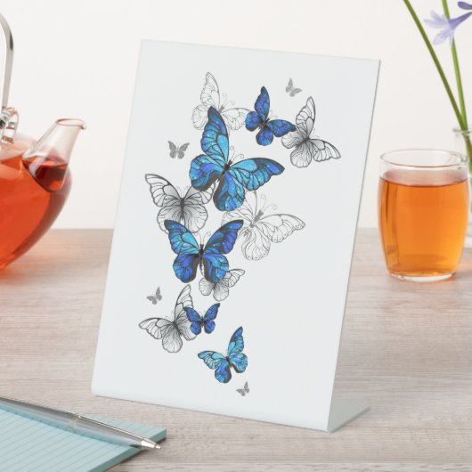 Blue Flying Butterflies Morpho Reclamebord Met Voetstuk (Insitu)