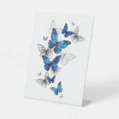 Blue Flying Butterflies Morpho Reclamebord Met Voetstuk (Voorkant)