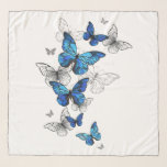 Blue Flying Butterflies Morpho Sjaal<br><div class="desc">Vliegende Blauwe Butterflies morpho en witte vlinders op een lichte abstracte achtergrond. Morpho. Ontwerp met blauwe vlinders morpho.</div>