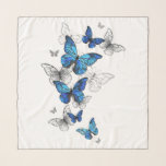 Blue Flying Butterflies Morpho Sjaal<br><div class="desc">Vliegende Blauwe Butterflies morpho en witte vlinders op een lichte abstracte achtergrond. Morpho. Ontwerp met blauwe vlinders morpho.</div>