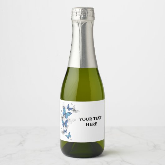 Blue Flying Butterflies Morpho Sparkling Wijnetiket (Voorkant)