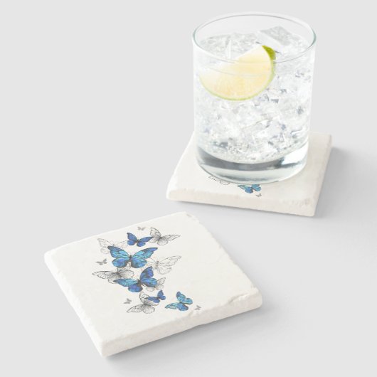 Blue Flying Butterflies Morpho Stenen Onderzetter (Zijkant)