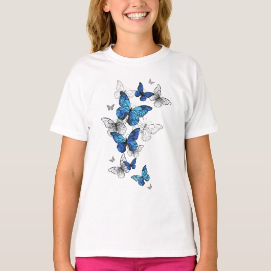 Blue Flying Butterflies Morpho T-shirt (Voorkant)