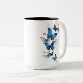 Blue Flying Butterflies Morpho Tweekleurige Koffiemok (Voorkant rechts)