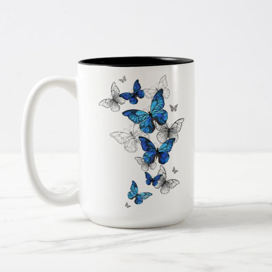 Blue Flying Butterflies Morpho Tweekleurige Koffiemok (Links)