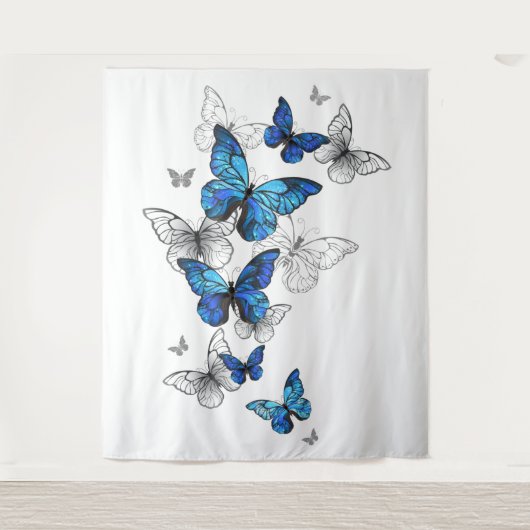 Blue Flying Butterflies Morpho Wandkleed (Voorkant)