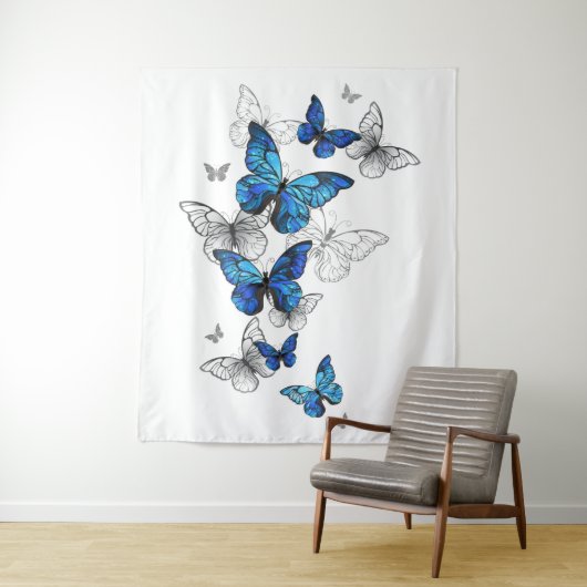 Blue Flying Butterflies Morpho Wandkleed (In situ)