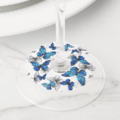 Blue Flying Butterflies Morpho Wijnglaslabel (Dichtbij)