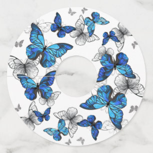 Blue Flying Butterflies Morpho Wijnglaslabel