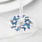 Blue Flying Butterflies Morpho Wijnglaslabel (Dichtbij)