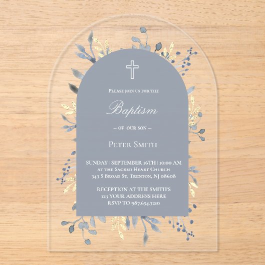 blue foliage Baptism Acrylic Invitation Acryl Uitnodigingen (Voorkant)