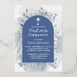 Blue foliage First Holy Communion Folie Uitnodiging