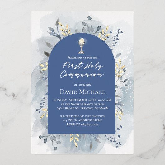 Blue foliage First Holy Communion Folie Uitnodiging (Voorkant)