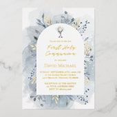 Blue foliage First Holy Communion Folie Uitnodiging (Voorkant)
