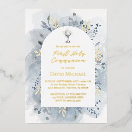 Blue foliage First Holy Communion Folie Uitnodiging