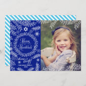 Blue Foliage Hanukkah-fotokaart Feestdagenkaart (Voorkant / Achterkant)