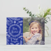 Blue Foliage Hanukkah-fotokaart Feestdagenkaart (Staand voorkant)