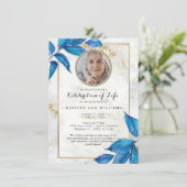 Blue Foliage Modern Photo Celebration of Life Kaart (Staand voorkant)